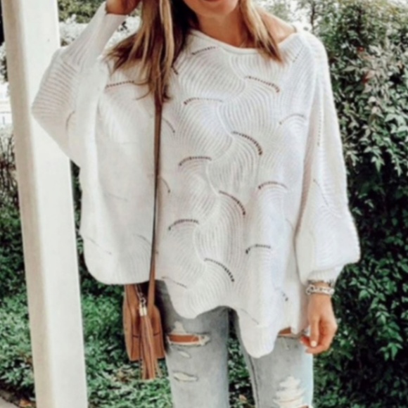 Sweaters - Oversized Batwing White/Cream Eyelet Knit Sweater